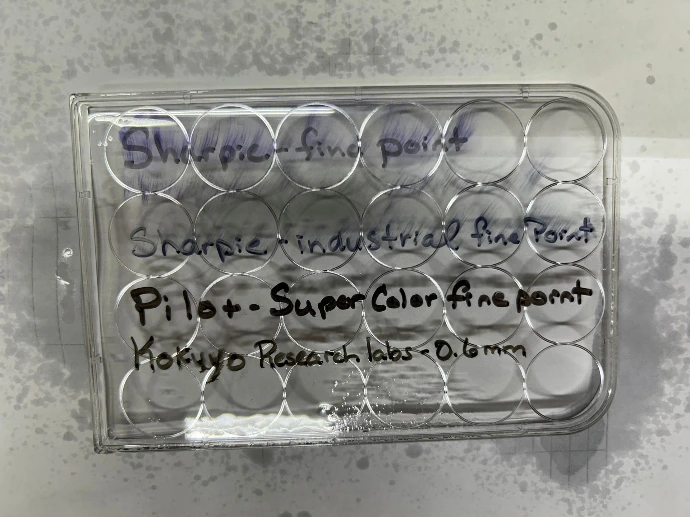 Writing sample sprayed with 70% isopropyl alcohol