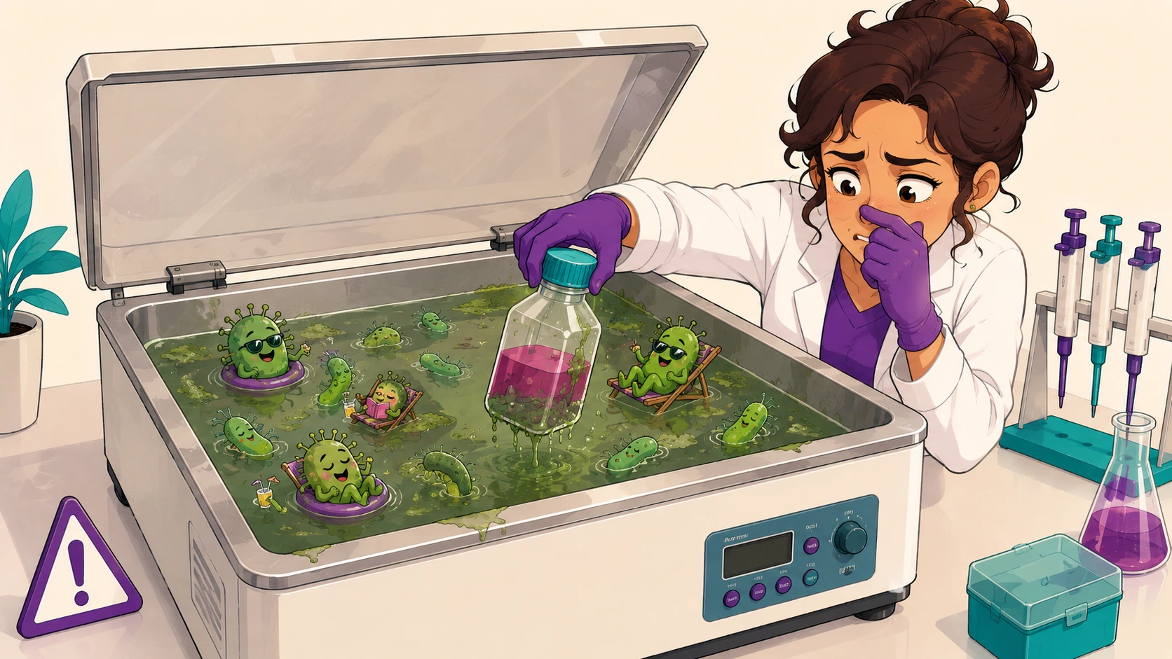 A murky lab water bath -- a common and overlooked source of cell culture contamination